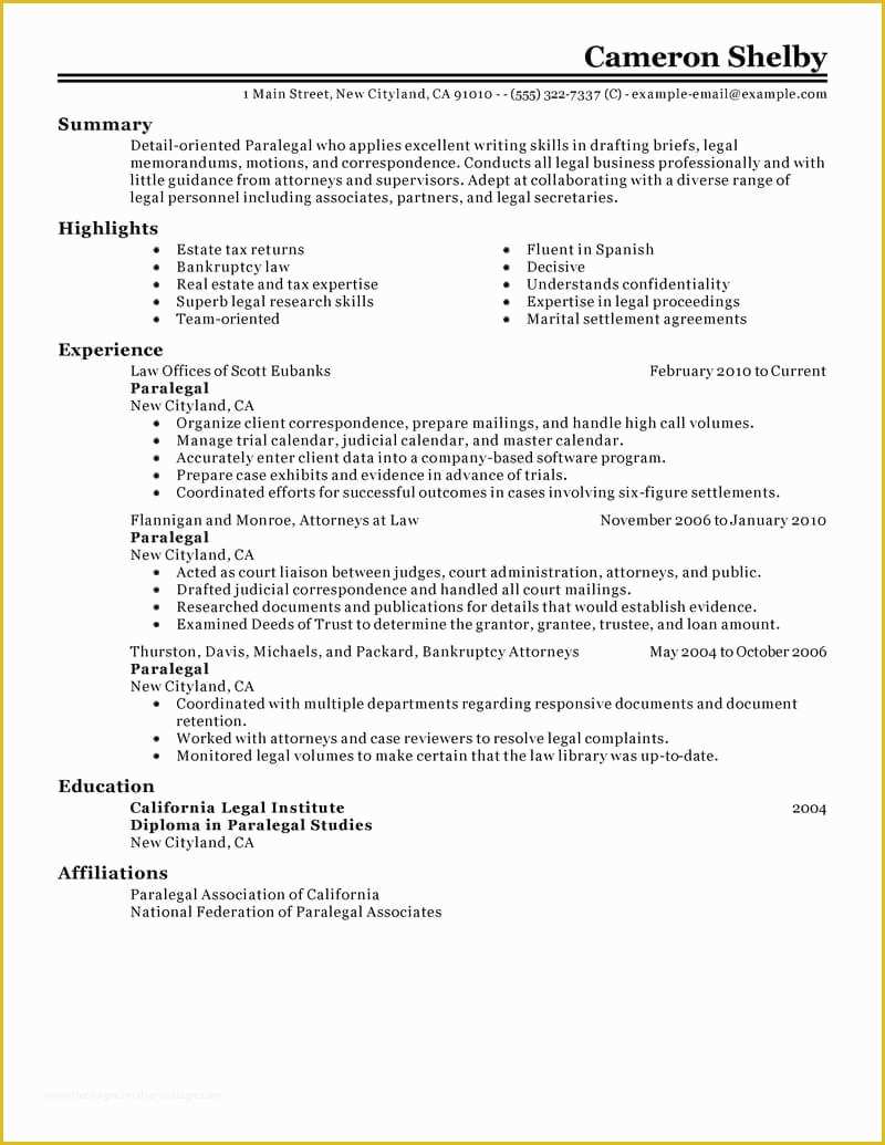 Free Paralegal Resume Templates Of Best Paralegal Resume Example