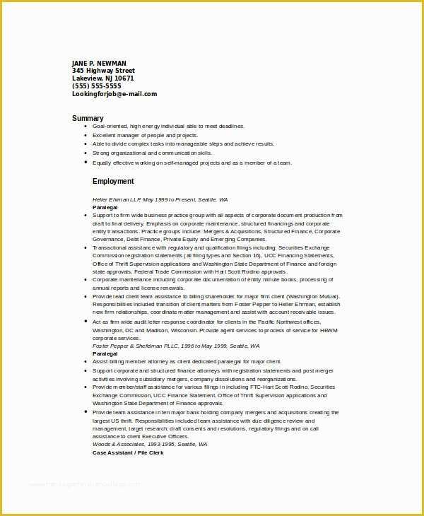 Free Paralegal Resume Templates Of Corporate Paralegal Resume