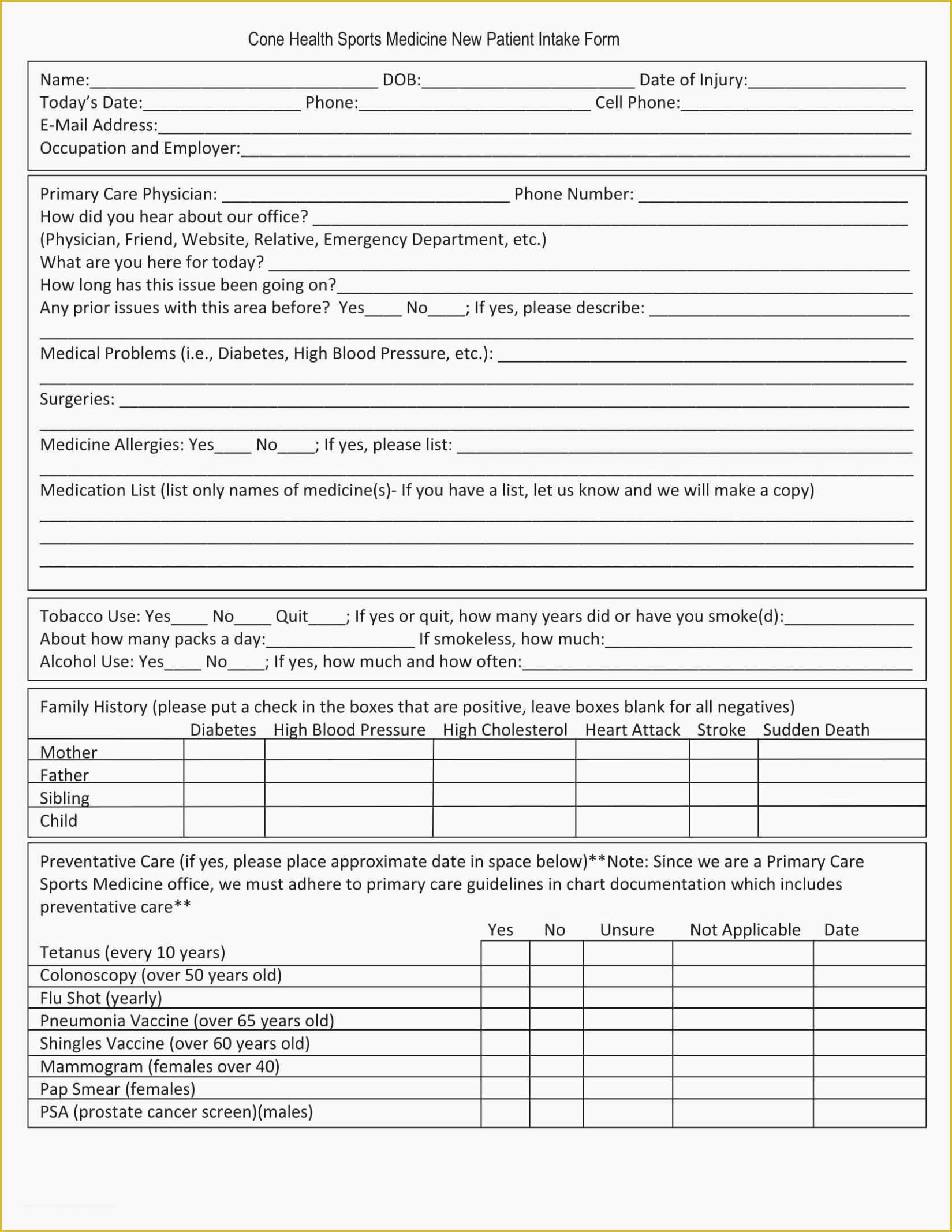 Free Patient Intake form Template Of the History Free New Patient