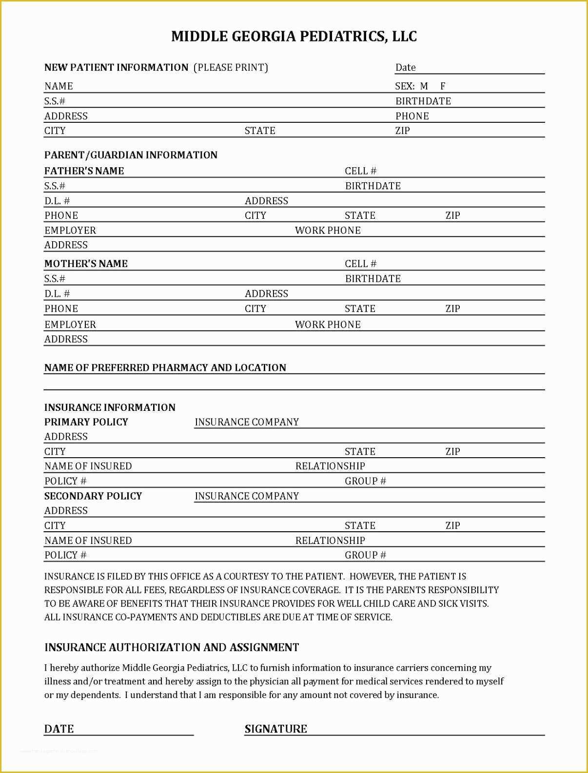 Free Patient Registration form Template Of Middle Georgia Pediatrics L L C New Patient