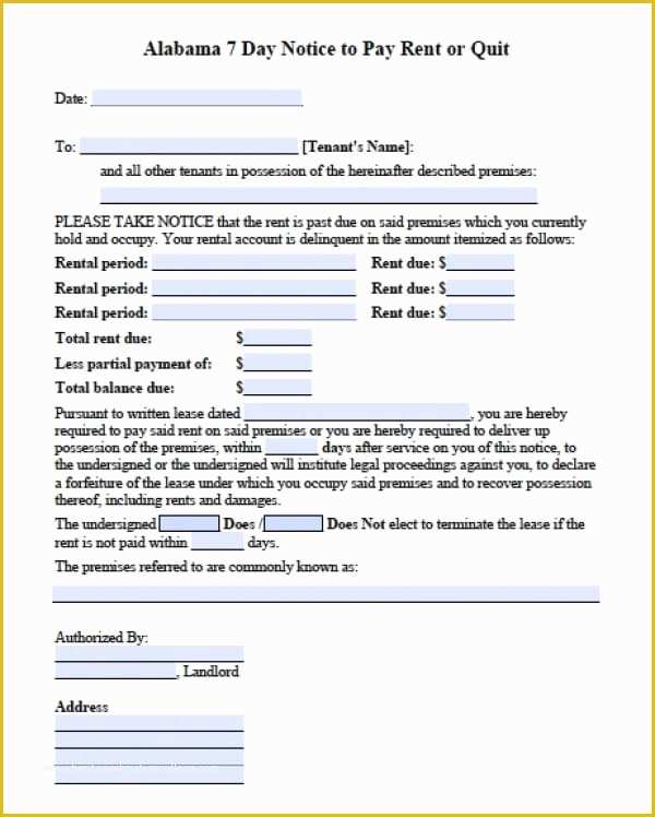Free Pay or Quit Notice Template Of Free Alabama Seven 7 Day Eviction Notice form
