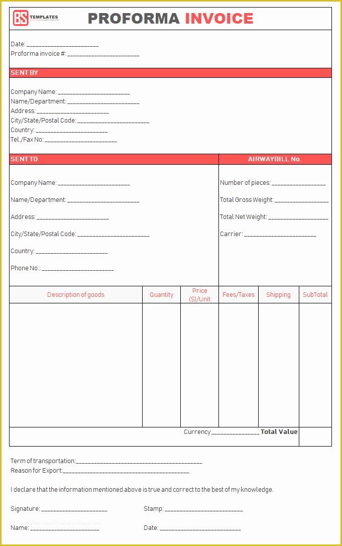 Free Pdf Templates Of Proforma Invoice Template for Excel Free Excel