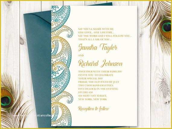 Free Peacock Wedding Invitation Templates Of Teal & Gold Paisley Wedding Invitation Printable Template