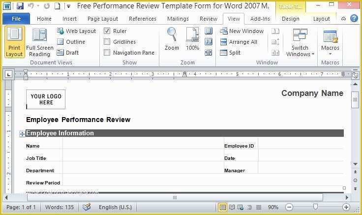 Free Performance Review Template Of Free Performance Review Template form for Word 2007