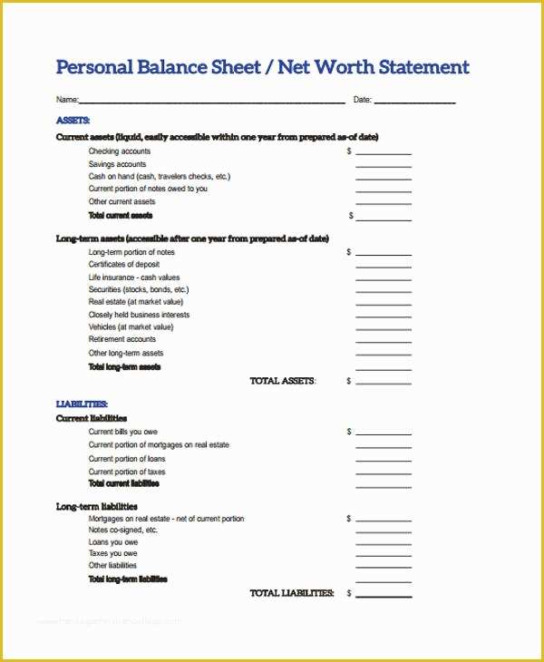 Free Personal Balance Sheet Template Of 10 Balance Sheet Templates Free Sample Example format