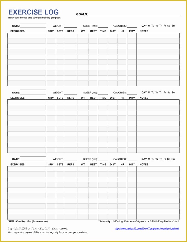 Free Personal Training Program Template Of Free Printable Exercise Log Pdf From Vertex42