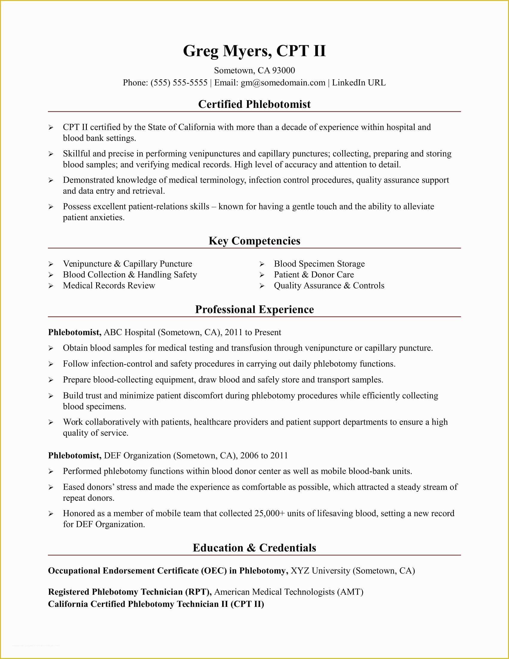 Free Phlebotomist Resume Templates Of Phlebotomist Resume Sample