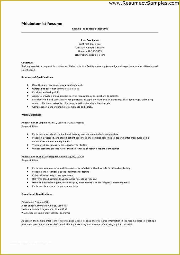 Free Phlebotomist Resume Templates Of Phlebotomy Resume Objective Resume Cover Letter Samples