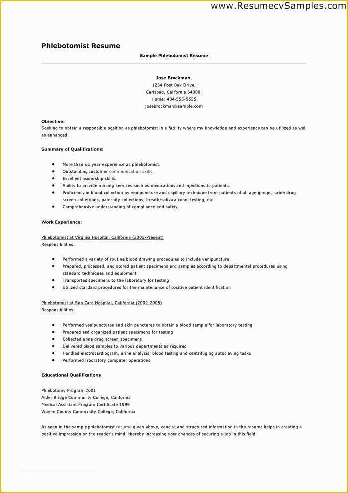 Free Phlebotomist Resume Templates Of Phlebotomy Resume Objective Resume Cover Letter Samples