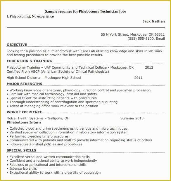 Free Phlebotomist Resume Templates Of Phlebotomy Resume Sample Entry Level Phlebotomist Resumes