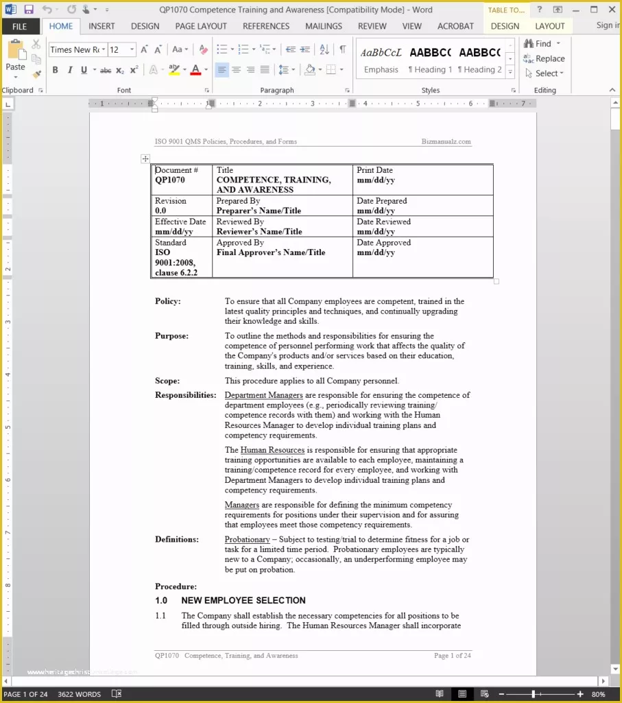 Free Policy and Procedure Manual Template Of iso Petence Training Awareness Procedure