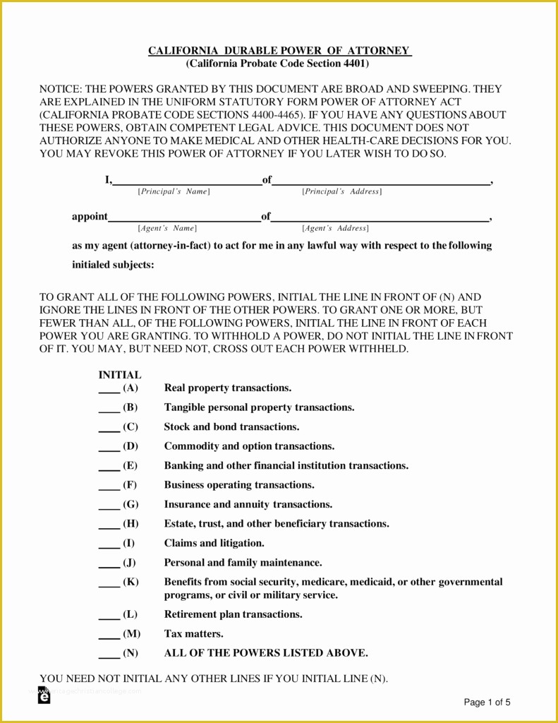 Free Power Of attorney Template California Of Free California Durable Financial Power Of attorney form