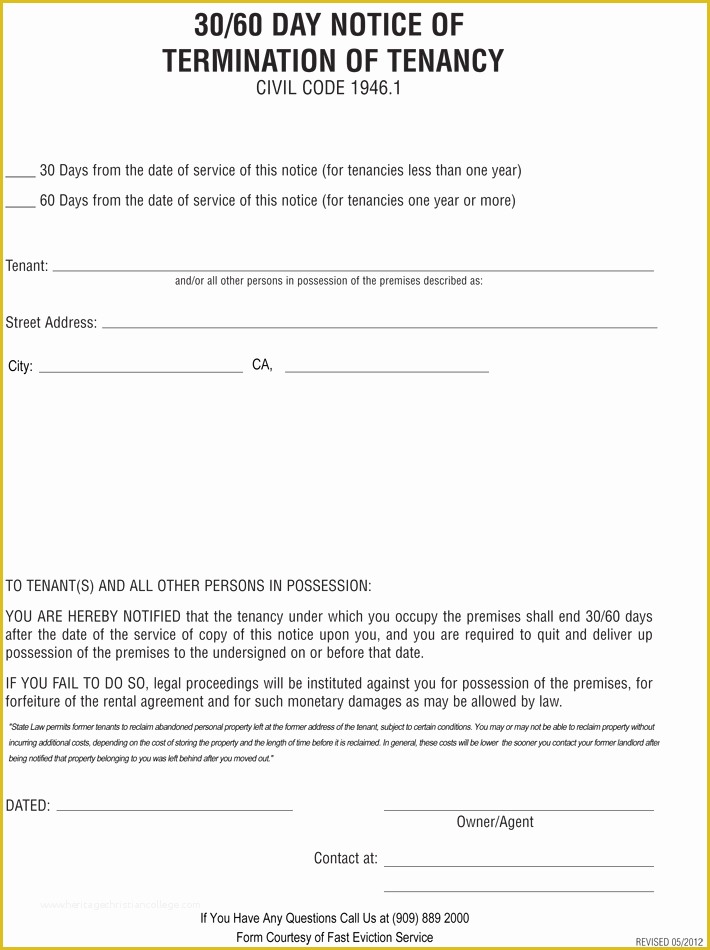 Free Printable 30 Day Eviction Notice Template Of 30 60 Day Notice to Vacate Free Ca Eviction forms Letter