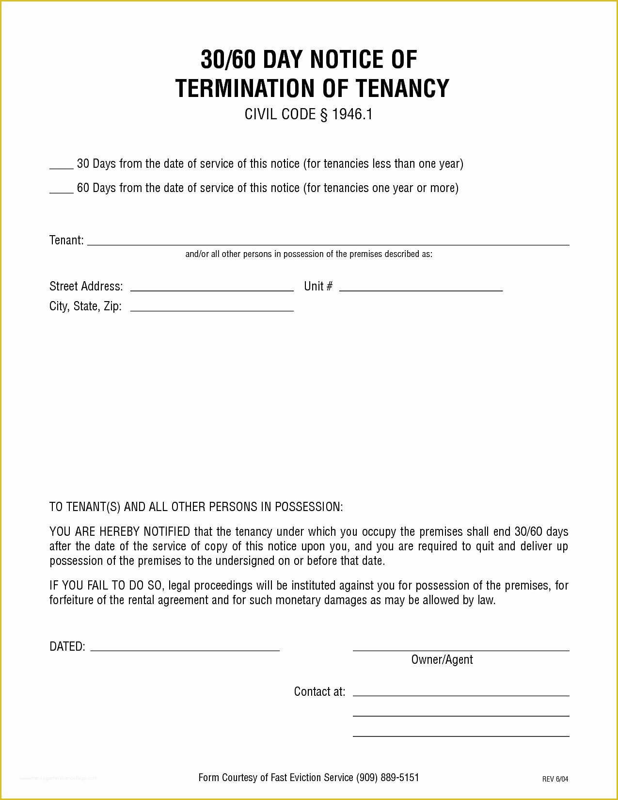 free printable 30 day eviction notice template of blank