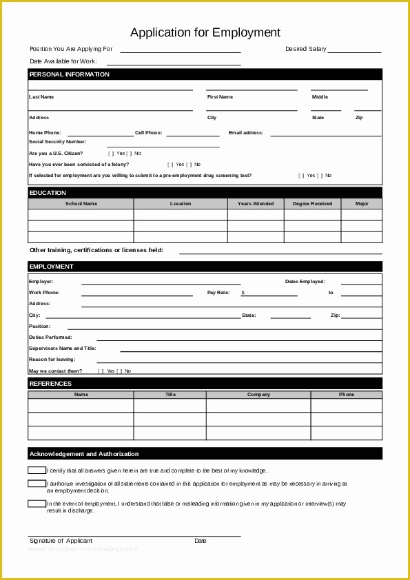 Free Printable Application For Employment Template Of Blank Job