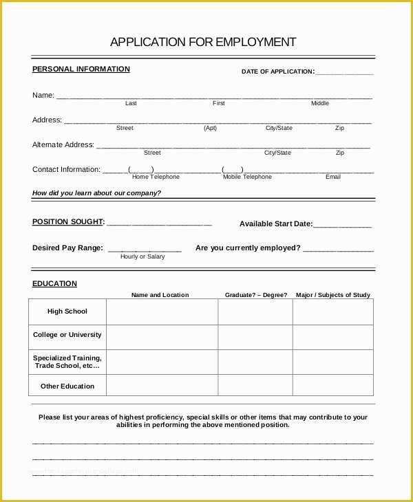 Free Printable Application for Employment Template Of Generic Job Application 8 Free Word Pdf Documents