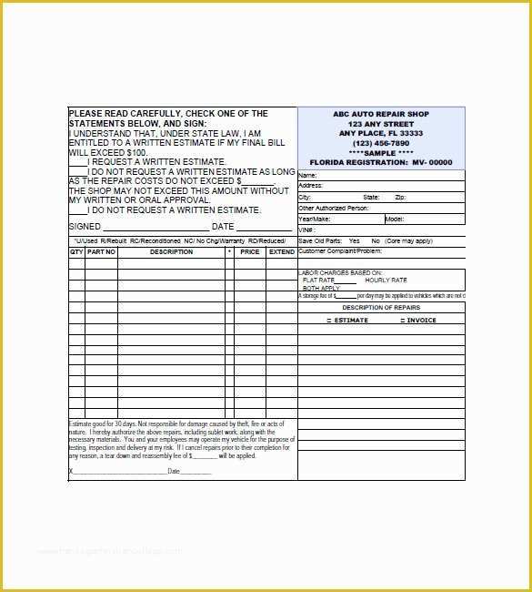 Free Printable Auto Repair Invoice Template Of 6 Auto Repair Invoice Templates Doc Pdf