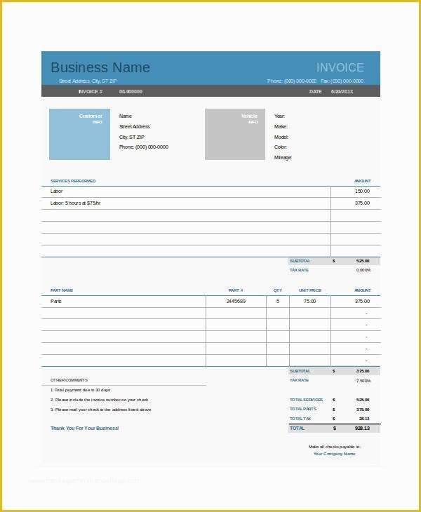 Free Printable Auto Repair Invoice Template Of 7 Auto Repair Invoice Templates – Free Sample Example