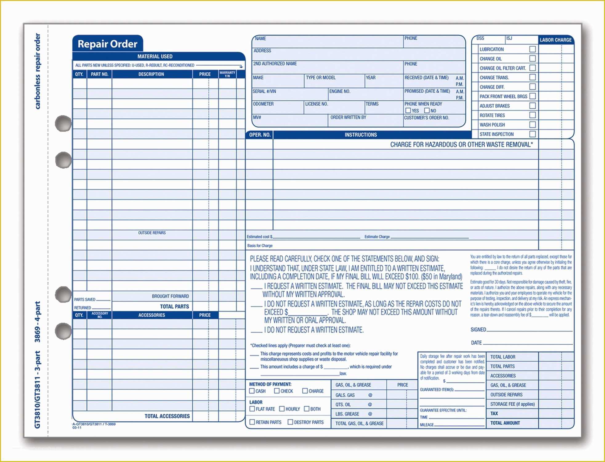 Free Printable Auto Repair Invoice Template Of Adams Garage Repair order forms 8 5 X 11 44 Inches 3 Part