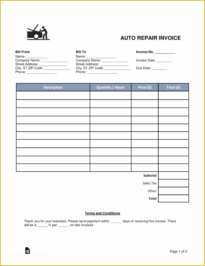 Free Printable Auto Repair Invoice Template Of Free Auto Body Mechanic Invoice Template Word