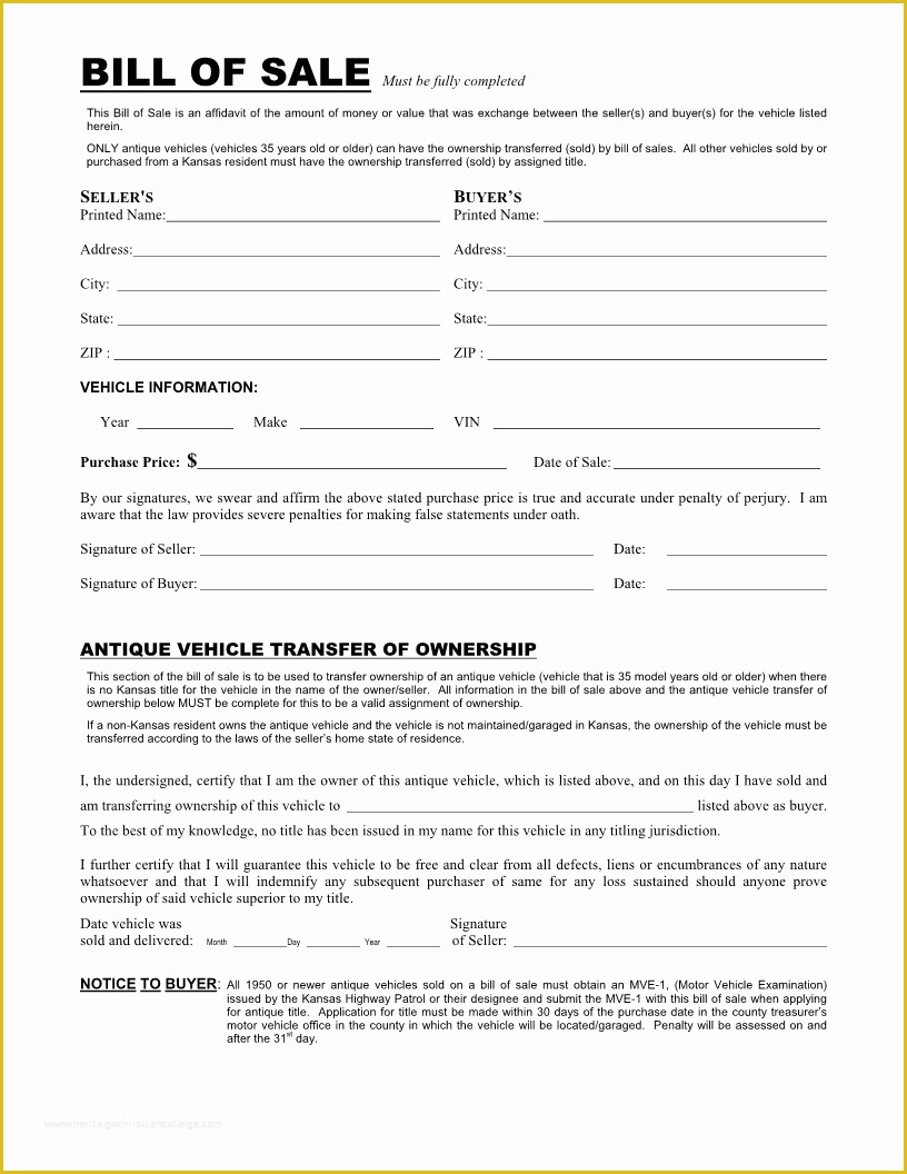 Free Printable Automobile Bill Of Sale Template Of Free Kansas Vehicle Bill Of Sale form Download Pdf