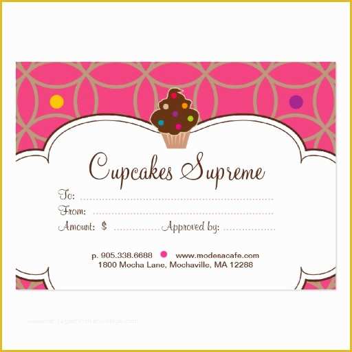 Free Printable Bakery Business Card Templates Of Cupcake Bakery Gift Certificate Dots Pink White
