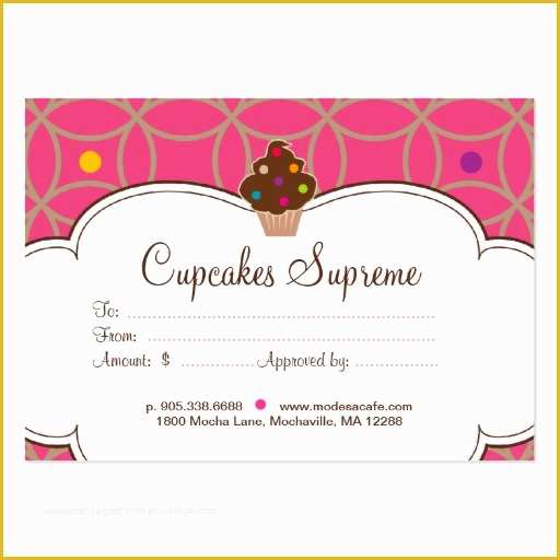 Free Printable Bakery Business Card Templates Of Cupcake Bakery Gift Certificate Dots Pink White