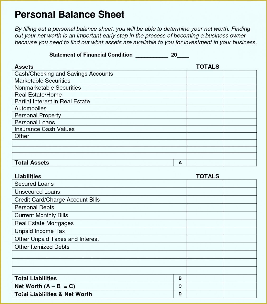 Free Printable Balance Sheet Template Of Personal & Small Business Balance Sheet Template Excel
