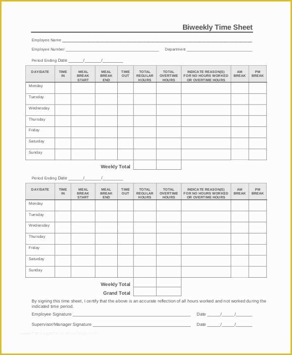 Free Printable Bi Weekly Timesheet Template Of 9 Sample Printable Time Sheets