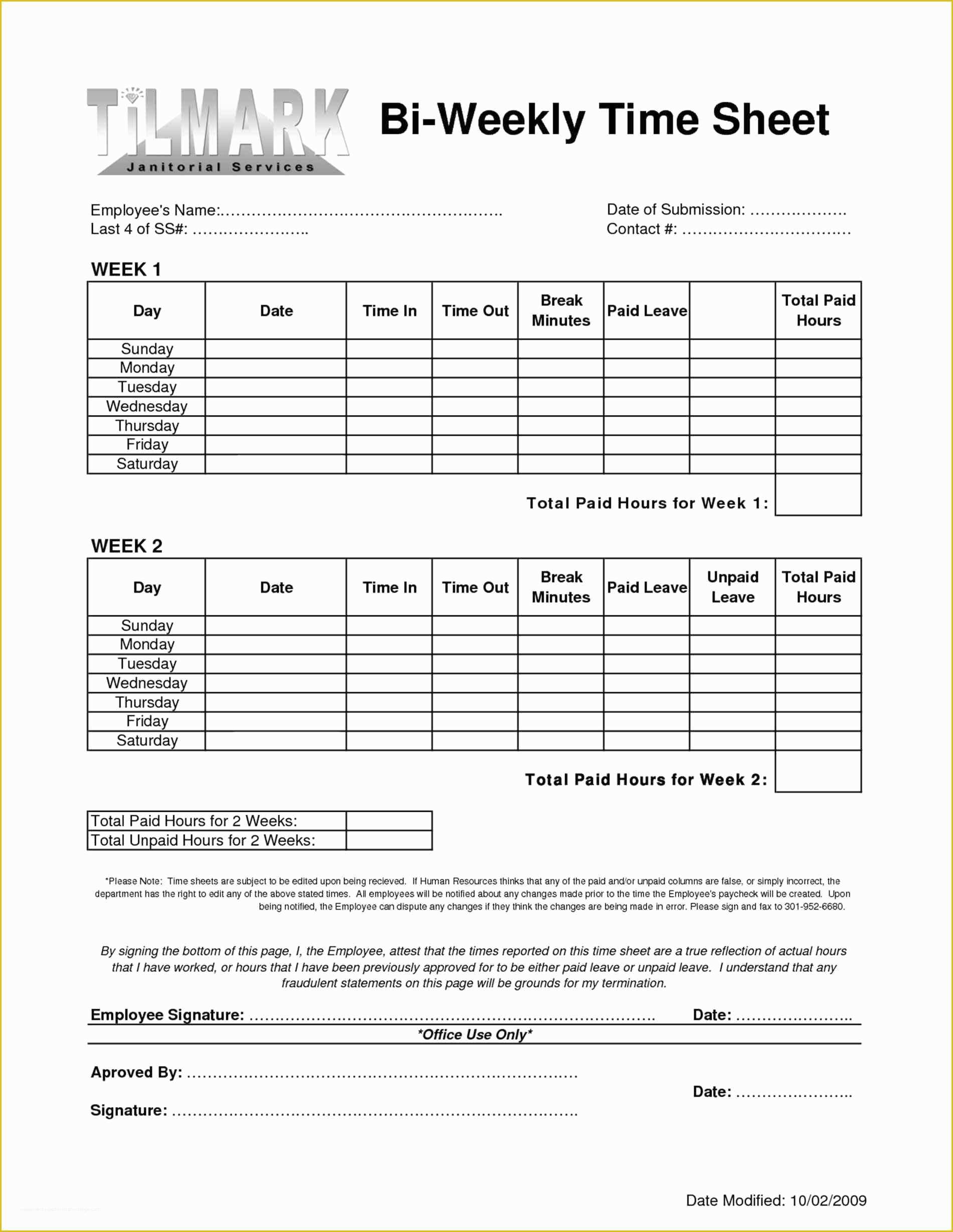 Free Printable Bi Weekly Timesheet Template Of Free Printable Employee Time Sheets Multiple Blank Bi