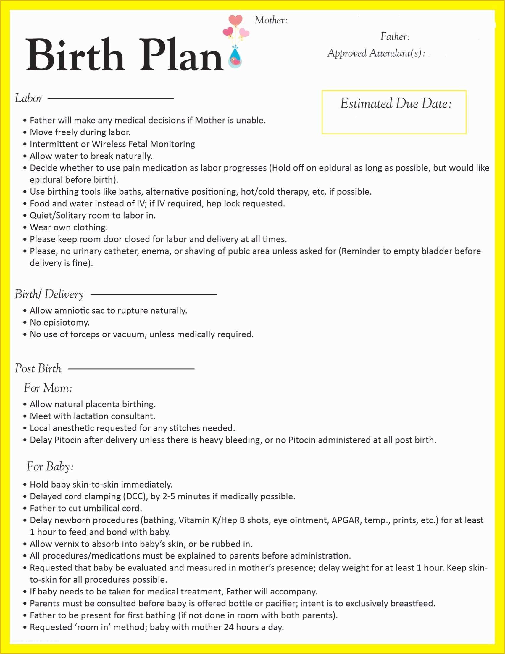 Free Printable Birth Plan Template Of Birth Plan Going to Make some Edits but This is A Good