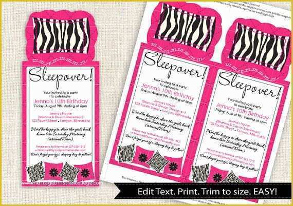 Free Printable Birthday Sleepover Invitation Templates Of Zebra Sleepover Party Invitation Template Download