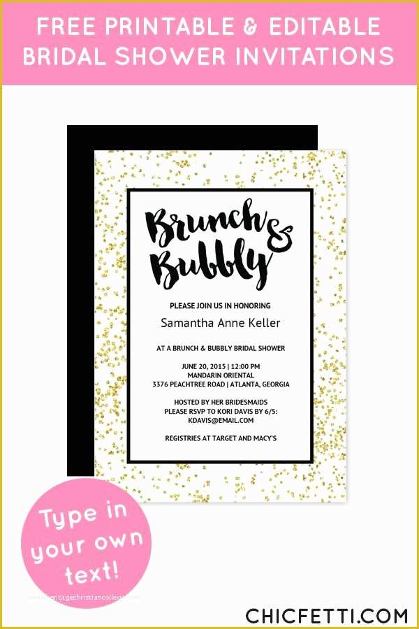 Free Printable Bridal Shower Invitations Templates Of Gold Confetti Brunch Bubbly Bridal Shower Invitation