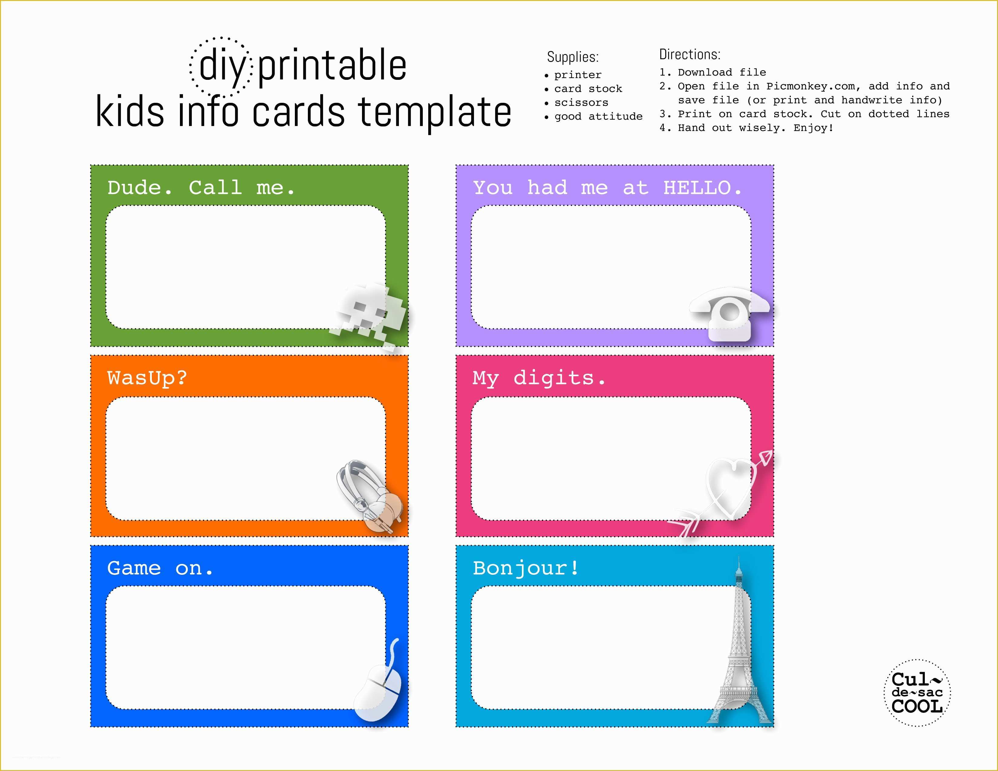 Free Printable Business Card Templates for Word Of Diy Printable Kids Info Cards Template