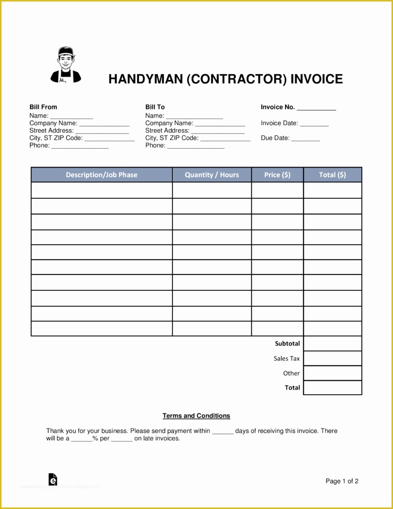 Free Printable Construction Invoice Template Of Free Handyman Contractor Invoice Template Word