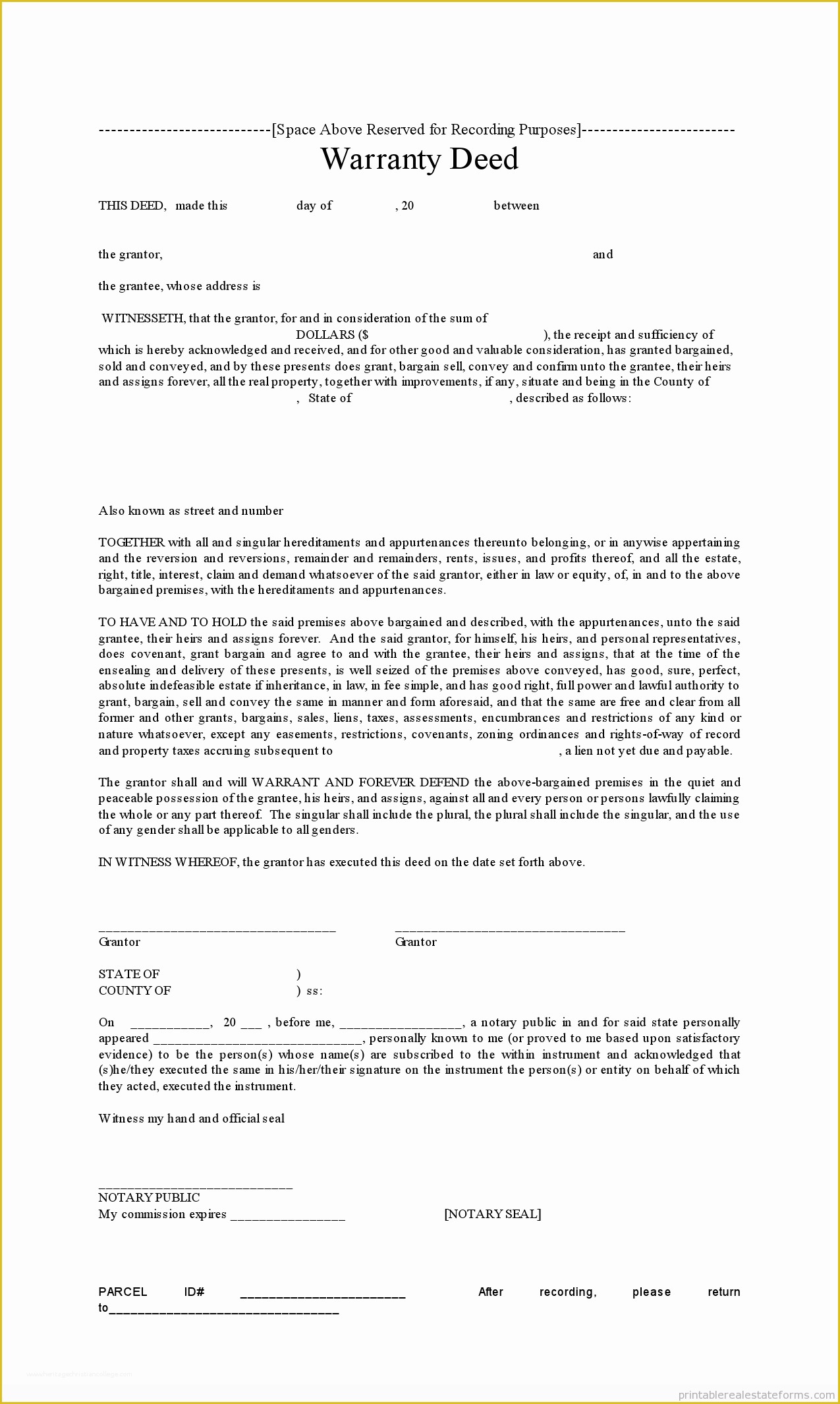 Free Printable Contract for Deed Template Of Free Printable Warranty Deed form Pdf & Word