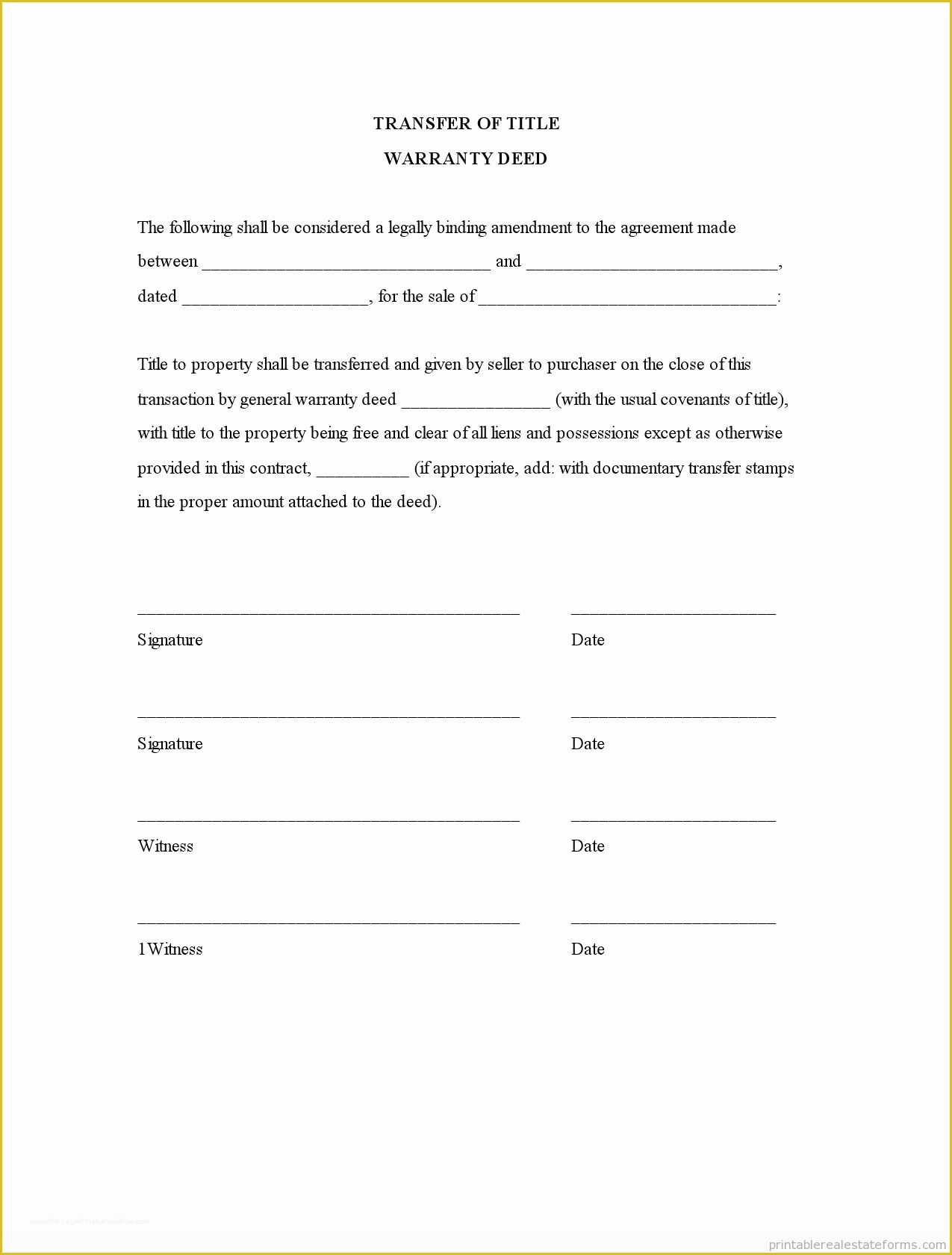 Free Printable Contract for Deed Template Of Printable Transfer Of Title Warranty Deed Template 2015