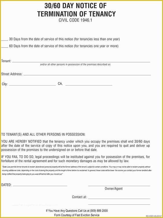 Free Printable Eviction Notice Template Of 30 60 Day Termination Of Tenancy Notice Free Eviction