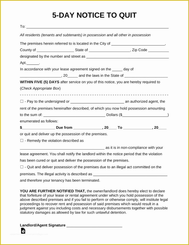 Free Printable Eviction Notice Template Of 5 Day Eviction Notice form