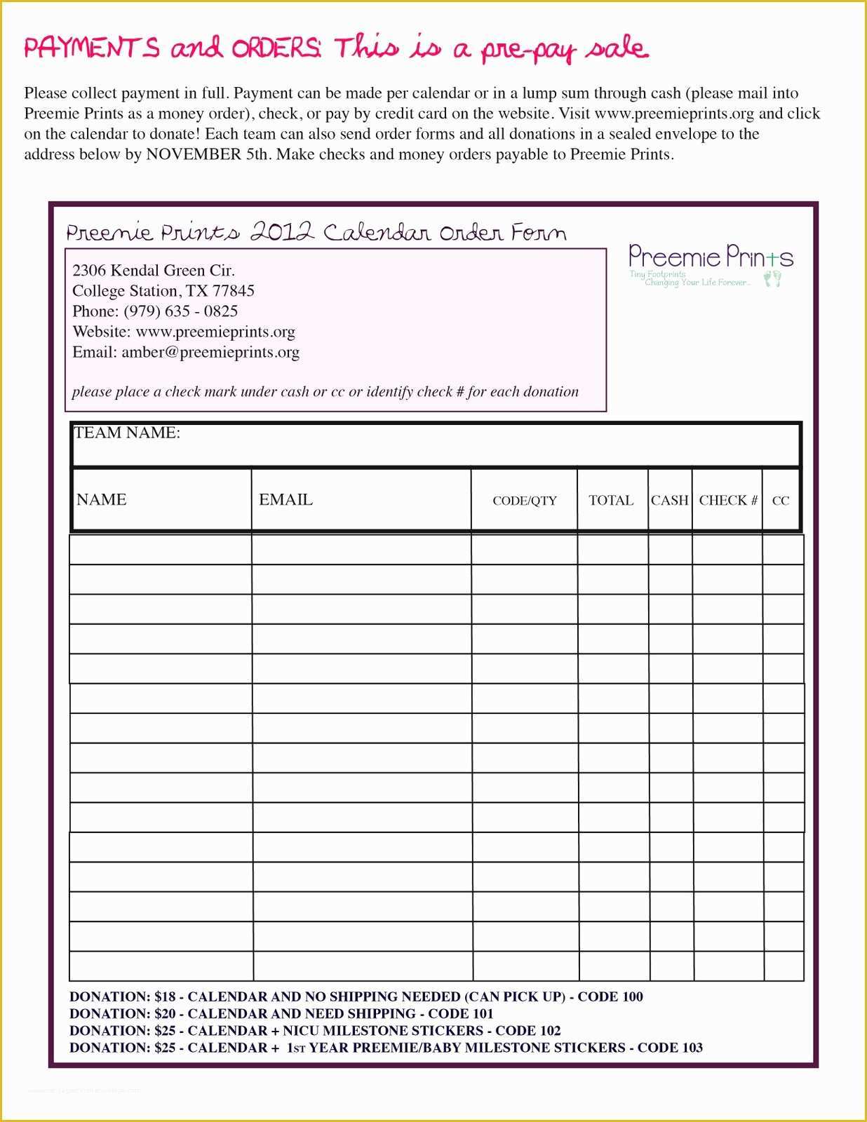 Free Printable Fundraiser order form Template Of Preemie Prints Information Blog 2012 Calendar Fundraising