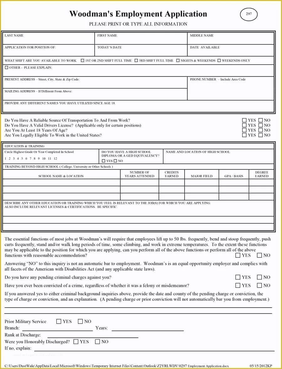 Free Printable Job Application Template Of 50 Free Employment Job Application form Templates