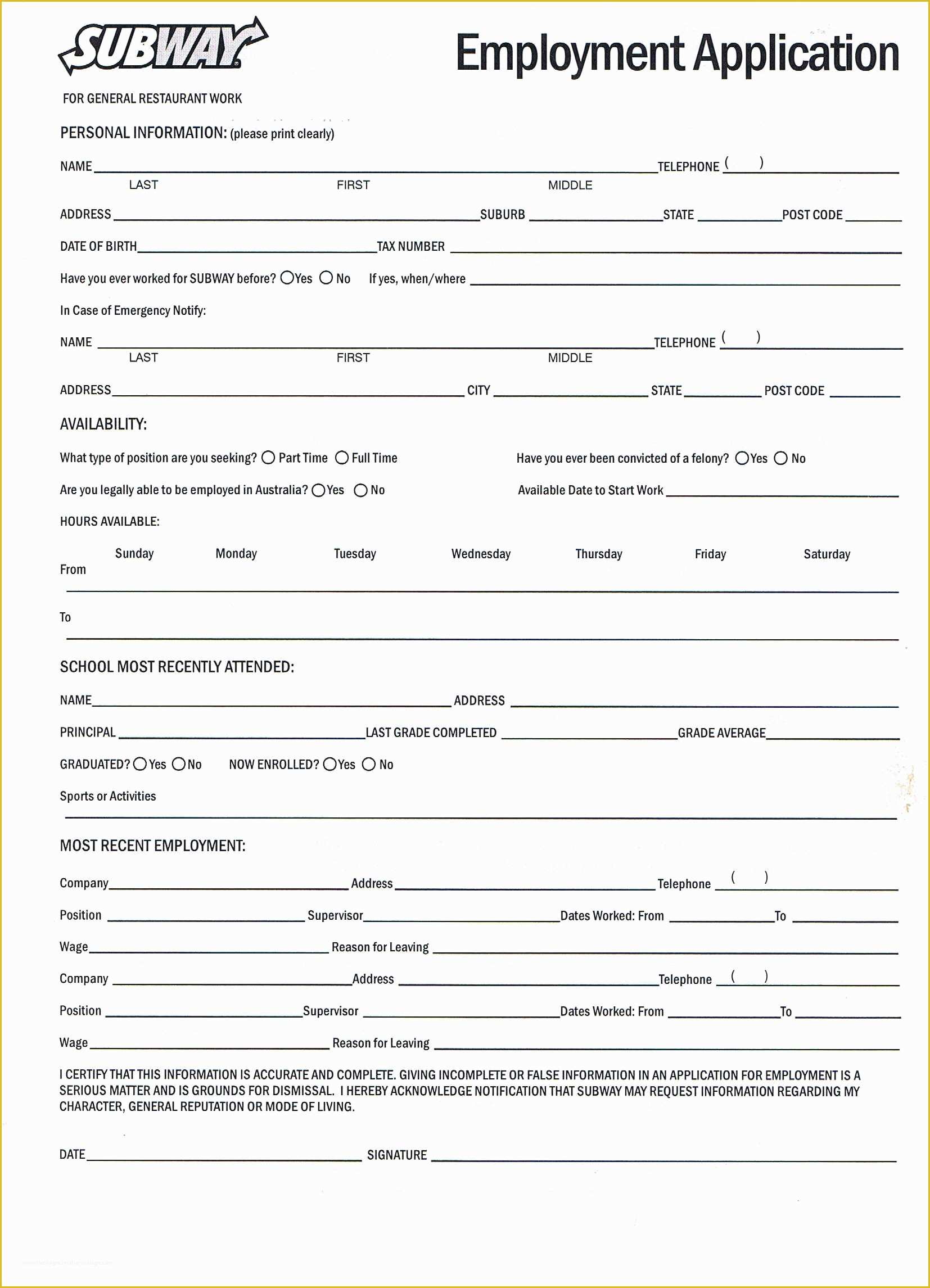 Free Printable Job Application Template Of Printable Employment Application for Subway