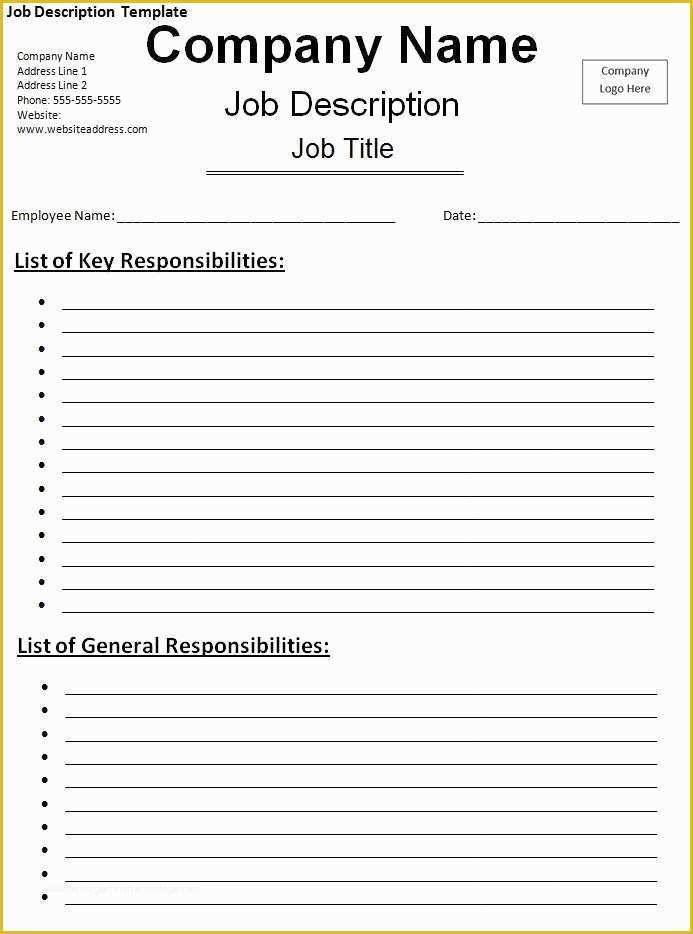 Free Printable Job Description Template Of 10 Job Description Templates