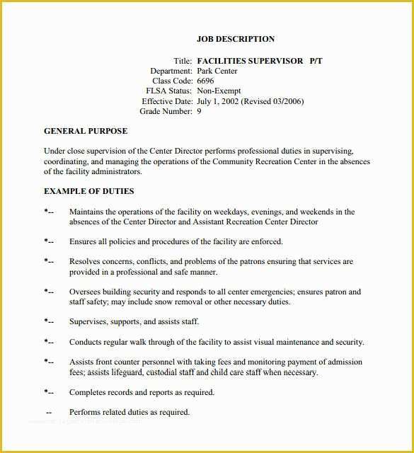 Free Printable Job Description Template Of 10 Supervisor Job Description Templates – Free Sample