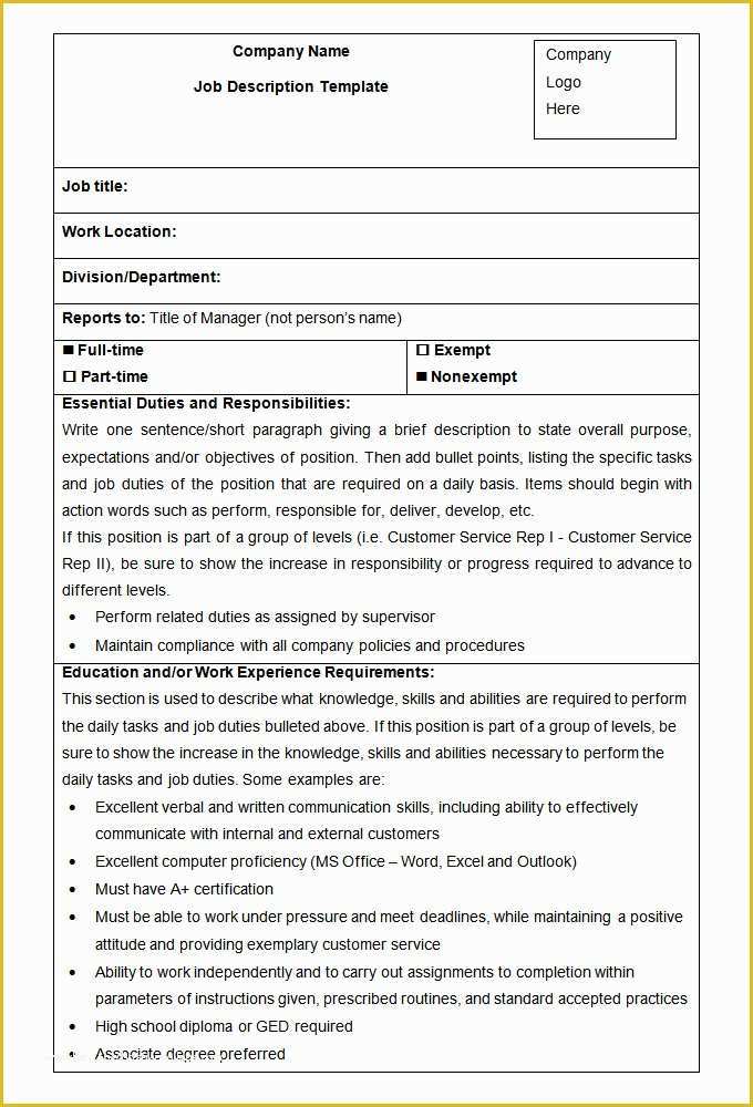 Free Printable Job Description Template Of 48 Hr Job Description Templates Hr Templates