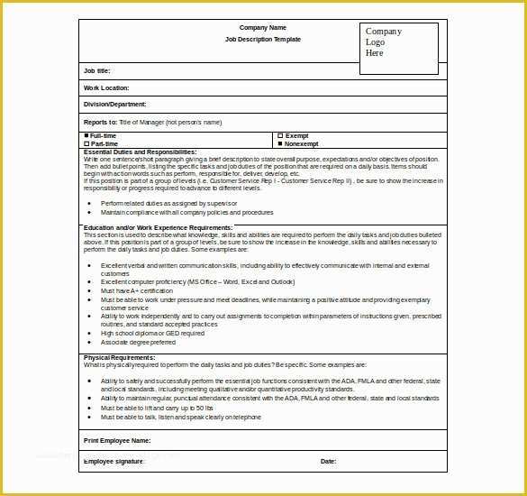 Free Printable Job Description Template Of Employee Job Descriptions ...