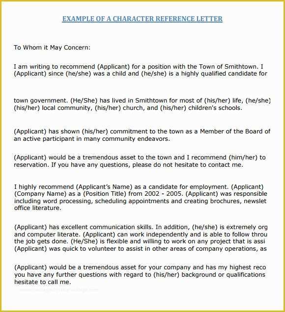 Free Printable Letter Of Recommendation Template Of 7 Character Reference Samples
