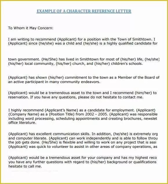 Free Printable Letter Of Recommendation Template Of 7 Character Reference Samples