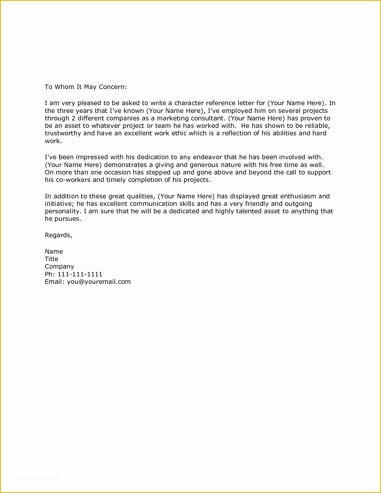 Free Printable Letter Of Recommendation Template Of Character Reference Letter Template