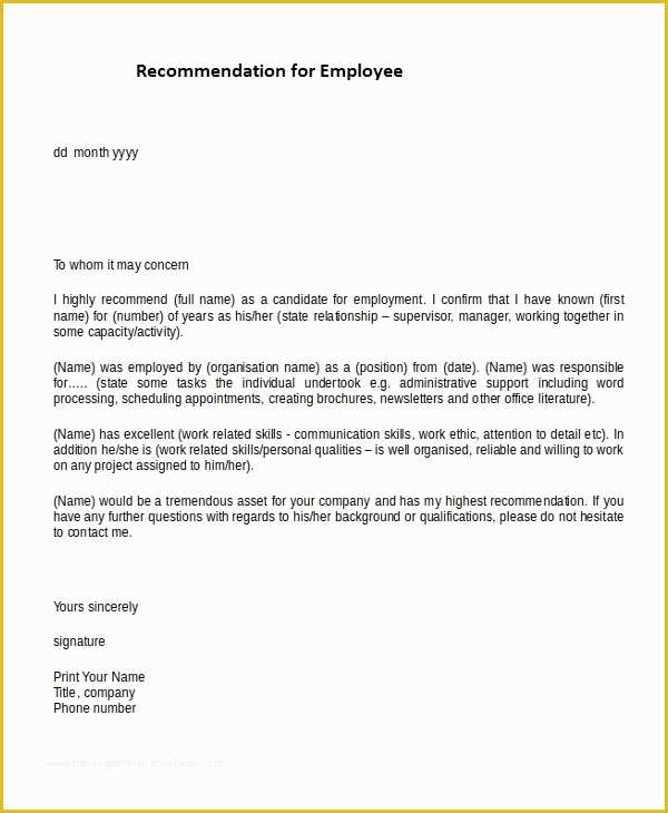 Free Printable Letter Of Recommendation Template Of Free Re Mendation Letter Template for Employee